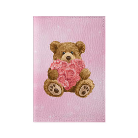 Обложка для паспорта матовая кожа с принтом Плюшевый медведь с сердечком в Петрозаводске, натуральная матовая кожа | размер 19,3 х 13,7 см; прозрачные пластиковые крепления | арт | животные | картинка | медвежонок | мишка | плюшевый медведь | рисунок | розовые цветы | розочки | розы | сердечко | сердце | сердце из роз | цветы