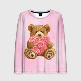 Женский лонгслив 3D с принтом Плюшевый медведь с сердечком в Петрозаводске, 100% полиэстер | длинные рукава, круглый вырез горловины, полуприлегающий силуэт | арт | животные | картинка | медвежонок | мишка | плюшевый медведь | рисунок | розовые цветы | розочки | розы | сердечко | сердце | сердце из роз | цветы