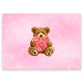 Поздравительная открытка с принтом Плюшевый медведь с сердечком в Петрозаводске, 100% бумага | плотность бумаги 280 г/м2, матовая, на обратной стороне линовка и место для марки
 | арт | животные | картинка | медвежонок | мишка | плюшевый медведь | рисунок | розовые цветы | розочки | розы | сердечко | сердце | сердце из роз | цветы