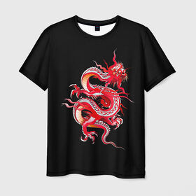 Мужская футболка 3D с принтом Дракон в Петрозаводске, 100% полиэфир | прямой крой, круглый вырез горловины, длина до линии бедер | Тематика изображения на принте: арт | дракон | дракоша | животные | картинка | китайский дракон | красный дракон | рисунок | японский дракон | ящер