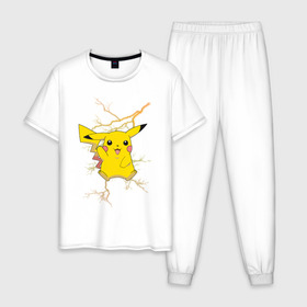 Мужская пижама хлопок с принтом Pikachu в Петрозаводске, 100% хлопок | брюки и футболка прямого кроя, без карманов, на брюках мягкая резинка на поясе и по низу штанин
 | Тематика изображения на принте: anime | pikachu | pokemon | pokemon logo | аниме | анимэ | пика | пикачу | покемон | покемон постер | эш и пикачу | эш кетчум | япония | японский
