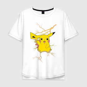 Мужская футболка хлопок Oversize с принтом Pikachu в Петрозаводске, 100% хлопок | свободный крой, круглый ворот, “спинка” длиннее передней части | anime | pikachu | pokemon | pokemon logo | аниме | анимэ | пика | пикачу | покемон | покемон постер | эш и пикачу | эш кетчум | япония | японский