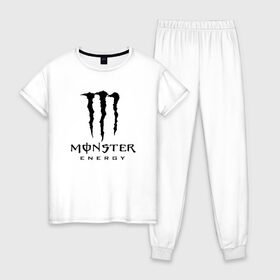 Женская пижама хлопок с принтом MONSTER ENERGY в Петрозаводске, 100% хлопок | брюки и футболка прямого кроя, без карманов, на брюках мягкая резинка на поясе и по низу штанин | black monster | bmx | claw | cybersport | energy | monster | monster energy | moto | motocross | race | sport | киберспорт | когти | монстер энерджи | монстр | мото | мотокросс | ралли | скейтбординг | спорт | т | энергия