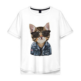 Мужская футболка хлопок Oversize с принтом Кот в очках в Петрозаводске, 100% хлопок | свободный крой, круглый ворот, “спинка” длиннее передней части | cat | в очках | кот | кот рокер | котик | котяра | кошка | крутой кот | милый | милый кот | рокер