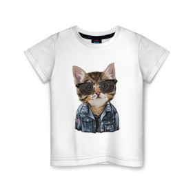 Детская футболка хлопок с принтом Кот в очках в Петрозаводске, 100% хлопок | круглый вырез горловины, полуприлегающий силуэт, длина до линии бедер | cat | в очках | кот | кот рокер | котик | котяра | кошка | крутой кот | милый | милый кот | рокер