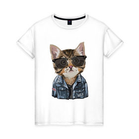 Женская футболка хлопок с принтом Кот в очках в Петрозаводске, 100% хлопок | прямой крой, круглый вырез горловины, длина до линии бедер, слегка спущенное плечо | cat | в очках | кот | кот рокер | котик | котяра | кошка | крутой кот | милый | милый кот | рокер