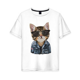 Женская футболка хлопок Oversize с принтом Кот в очках в Петрозаводске, 100% хлопок | свободный крой, круглый ворот, спущенный рукав, длина до линии бедер
 | cat | в очках | кот | кот рокер | котик | котяра | кошка | крутой кот | милый | милый кот | рокер