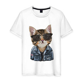 Мужская футболка хлопок с принтом Кот в очках в Петрозаводске, 100% хлопок | прямой крой, круглый вырез горловины, длина до линии бедер, слегка спущенное плечо. | cat | в очках | кот | кот рокер | котик | котяра | кошка | крутой кот | милый | милый кот | рокер