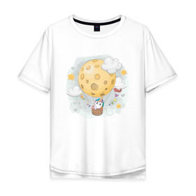 Мужская футболка хлопок Oversize с принтом Единорог в космосе в Петрозаводске, 100% хлопок | свободный крой, круглый ворот, “спинка” длиннее передней части | nasa | воздушный шар | единорог | звезды | космос | луна | милый | милый единорог
