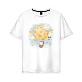 Женская футболка хлопок Oversize с принтом Единорог в космосе в Петрозаводске, 100% хлопок | свободный крой, круглый ворот, спущенный рукав, длина до линии бедер
 | nasa | воздушный шар | единорог | звезды | космос | луна | милый | милый единорог