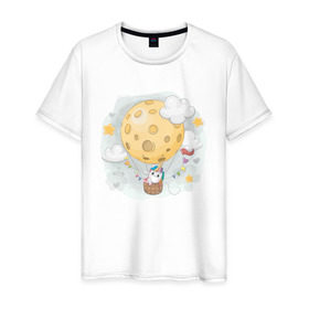Мужская футболка хлопок с принтом Единорог в космосе в Петрозаводске, 100% хлопок | прямой крой, круглый вырез горловины, длина до линии бедер, слегка спущенное плечо. | nasa | воздушный шар | единорог | звезды | космос | луна | милый | милый единорог