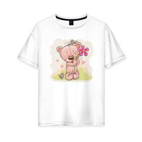 Женская футболка хлопок Oversize с принтом Милый мишка с цветочком в Петрозаводске, 100% хлопок | свободный крой, круглый ворот, спущенный рукав, длина до линии бедер
 | арт | воробушек | воробьи | животные | картинка | медведь | медвежонок | мишка | плюшевый мишка | подарок | птичка | рисунок | цветок | цветочки