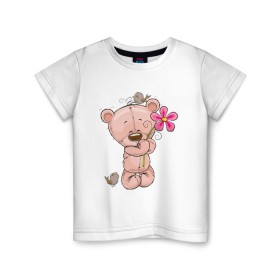 Детская футболка хлопок с принтом Милый мишка с цветочком в Петрозаводске, 100% хлопок | круглый вырез горловины, полуприлегающий силуэт, длина до линии бедер | арт | воробушек | воробьи | животные | картинка | медведь | медвежонок | мишка | плюшевый мишка | подарок | птичка | рисунок | цветок | цветочки