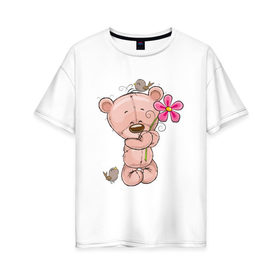 Женская футболка хлопок Oversize с принтом Милый мишка с цветочком в Петрозаводске, 100% хлопок | свободный крой, круглый ворот, спущенный рукав, длина до линии бедер
 | арт | воробушек | воробьи | животные | картинка | медведь | медвежонок | мишка | плюшевый мишка | подарок | птичка | рисунок | цветок | цветочки