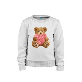 Детский свитшот хлопок с принтом Плюшевый медведь с сердечком в Петрозаводске, 100% хлопок | круглый вырез горловины, эластичные манжеты, пояс и воротник | арт | животные | картинка | медвежонок | мишка | плюшевый медведь | рисунок | розовые цветы | розочки | розы | сердечко | сердце | сердце из роз | цветы