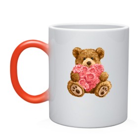Кружка хамелеон с принтом Плюшевый медведь с сердечком в Петрозаводске, керамика | меняет цвет при нагревании, емкость 330 мл | арт | животные | картинка | медвежонок | мишка | плюшевый медведь | рисунок | розовые цветы | розочки | розы | сердечко | сердце | сердце из роз | цветы