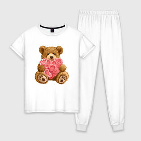 Женская пижама хлопок с принтом Плюшевый медведь с сердечком в Петрозаводске, 100% хлопок | брюки и футболка прямого кроя, без карманов, на брюках мягкая резинка на поясе и по низу штанин | арт | животные | картинка | медвежонок | мишка | плюшевый медведь | рисунок | розовые цветы | розочки | розы | сердечко | сердце | сердце из роз | цветы