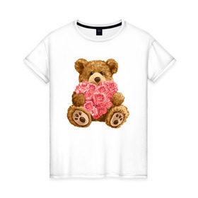 Женская футболка хлопок с принтом Плюшевый медведь с сердечком в Петрозаводске, 100% хлопок | прямой крой, круглый вырез горловины, длина до линии бедер, слегка спущенное плечо | арт | животные | картинка | медвежонок | мишка | плюшевый медведь | рисунок | розовые цветы | розочки | розы | сердечко | сердце | сердце из роз | цветы
