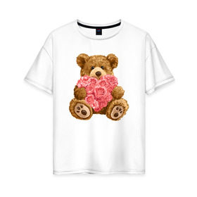 Женская футболка хлопок Oversize с принтом Плюшевый медведь с сердечком в Петрозаводске, 100% хлопок | свободный крой, круглый ворот, спущенный рукав, длина до линии бедер
 | арт | животные | картинка | медвежонок | мишка | плюшевый медведь | рисунок | розовые цветы | розочки | розы | сердечко | сердце | сердце из роз | цветы
