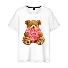 Мужская футболка хлопок с принтом Плюшевый медведь с сердечком в Петрозаводске, 100% хлопок | прямой крой, круглый вырез горловины, длина до линии бедер, слегка спущенное плечо. | Тематика изображения на принте: арт | животные | картинка | медвежонок | мишка | плюшевый медведь | рисунок | розовые цветы | розочки | розы | сердечко | сердце | сердце из роз | цветы
