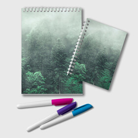 Блокнот с принтом Туманный лес в Петрозаводске, 100% бумага | 48 листов, плотность листов — 60 г/м2, плотность картонной обложки — 250 г/м2. Листы скреплены удобной пружинной спиралью. Цвет линий — светло-серый
 | дерево | деревья | зеленый | лес | облака | облако | снег | темный