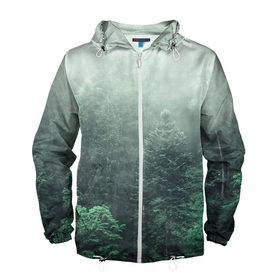 Мужская ветровка 3D с принтом Туманный лес в Петрозаводске, 100% полиэстер | подол и капюшон оформлены резинкой с фиксаторами, два кармана без застежек по бокам, один потайной карман на груди | дерево | деревья | зеленый | лес | облака | облако | снег | темный