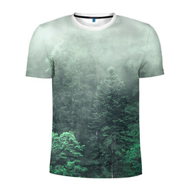 Мужская футболка 3D спортивная с принтом Туманный лес в Петрозаводске, 100% полиэстер с улучшенными характеристиками | приталенный силуэт, круглая горловина, широкие плечи, сужается к линии бедра | дерево | деревья | зеленый | лес | облака | облако | снег | темный