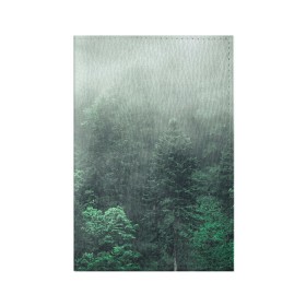 Обложка для паспорта матовая кожа с принтом Туманный лес в Петрозаводске, натуральная матовая кожа | размер 19,3 х 13,7 см; прозрачные пластиковые крепления | Тематика изображения на принте: дерево | деревья | зеленый | лес | облака | облако | снег | темный