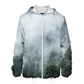 Мужская куртка 3D с принтом Туманный лес в Петрозаводске, ткань верха — 100% полиэстер, подклад — флис | прямой крой, подол и капюшон оформлены резинкой с фиксаторами, два кармана без застежек по бокам, один большой потайной карман на груди. Карман на груди застегивается на липучку | белый | зеленый | лес | облака | облако | природа | темный | туман