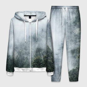 Мужской костюм 3D с принтом Туманный лес в Петрозаводске, 100% полиэстер | Манжеты и пояс оформлены тканевой резинкой, двухслойный капюшон со шнурком для регулировки, карманы спереди | Тематика изображения на принте: белый | зеленый | лес | облака | облако | природа | темный | туман