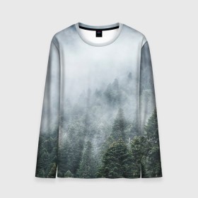 Мужской лонгслив 3D с принтом Туманный лес в Петрозаводске, 100% полиэстер | длинные рукава, круглый вырез горловины, полуприлегающий силуэт | белый | зеленый | лес | облака | облако | природа | темный | туман