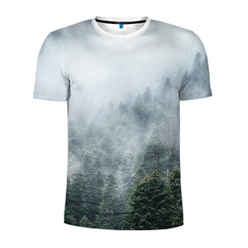Мужская футболка 3D спортивная с принтом Туманный лес в Петрозаводске, 100% полиэстер с улучшенными характеристиками | приталенный силуэт, круглая горловина, широкие плечи, сужается к линии бедра | белый | зеленый | лес | облака | облако | природа | темный | туман
