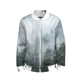 Детский бомбер 3D с принтом Туманный лес в Петрозаводске, 100% полиэстер | застегивается на молнию, по бокам два кармана без застежек, мягкие манжеты, по низу бомбера и на воротнике — эластичная резинка | белый | зеленый | лес | облака | облако | природа | темный | туман