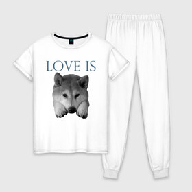 Женская пижама хлопок с принтом Любовь - это акита в Петрозаводске, 100% хлопок | брюки и футболка прямого кроя, без карманов, на брюках мягкая резинка на поясе и по низу штанин | акита | акита ину | дрессировка | забота | любовь | собака | собаки | собачка | собачник | увлечение | хобби | шиба ину