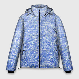 Мужская зимняя куртка 3D с принтом Волны на голубом фоне в Петрозаводске, верх — 100% полиэстер; подкладка — 100% полиэстер; утеплитель — 100% полиэстер | длина ниже бедра, свободный силуэт Оверсайз. Есть воротник-стойка, отстегивающийся капюшон и ветрозащитная планка. 

Боковые карманы с листочкой на кнопках и внутренний карман на молнии. | Тематика изображения на принте: textures | абстракция | белый | вода | водный | водяной | волны | дудл | дудлинг | завитки | загогулини | линии | морской | полосы | текстуры | фон