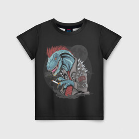 Детская футболка 3D с принтом Dino Punk в Петрозаводске, 100% гипоаллергенный полиэфир | прямой крой, круглый вырез горловины, длина до линии бедер, чуть спущенное плечо, ткань немного тянется | art | dinosaur | mohawk | moon | punk | арт | динозавр | животные | ирокез | картинка | луна | панк | рисунок