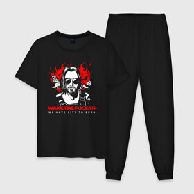 Мужская пижама хлопок с принтом CYBERPUNK 2077 KEANU REEVES в Петрозаводске, 100% хлопок | брюки и футболка прямого кроя, без карманов, на брюках мягкая резинка на поясе и по низу штанин
 | cd project red | cyberpunk 2077 | demon | keanu reeves | samurai | smile | демон | киану ривз | киберпанк 2077 | самураи | смайл