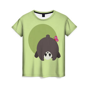 Женская футболка 3D с принтом Прикольная панда с бабочкой в Петрозаводске, 100% полиэфир ( синтетическое хлопкоподобное полотно) | прямой крой, круглый вырез горловины, длина до линии бедер | бабочка | вектор | графика | детский | зеленый | игра | минимализм | панда | примитив | простой | рисунок | смешной | хвост
