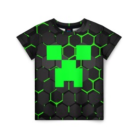 Детская футболка 3D с принтом MINECRAFT CREEPER в Петрозаводске, 100% гипоаллергенный полиэфир | прямой крой, круглый вырез горловины, длина до линии бедер, чуть спущенное плечо, ткань немного тянется | block | creeper | cube | minecraft | pixel | блок | геометрия | крафт | крипер | кубики | майнкрафт | пиксели