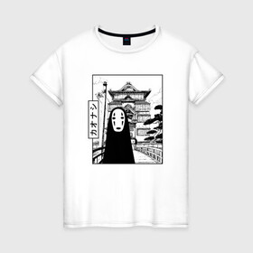 Женская футболка хлопок с принтом No-Face Spirited Away Ghibli в Петрозаводске, 100% хлопок | прямой крой, круглый вырез горловины, длина до линии бедер, слегка спущенное плечо | ghibli | hayao miyazaki | no face | spirited away | studio ghibli | аниме | безликий | гибли | манга | унесенные призраками