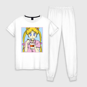 Женская пижама хлопок с принтом Sailor Moon Usagi Tsukino в Петрозаводске, 100% хлопок | брюки и футболка прямого кроя, без карманов, на брюках мягкая резинка на поясе и по низу штанин | anime | kawaii | manga | sailor moon | sailor senshi | usagi tsukino | аниме | воин в матроске | манга | сейлор мун | усаги цукино