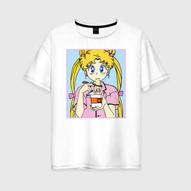 Женская футболка хлопок Oversize с принтом Sailor Moon Usagi Tsukino в Петрозаводске, 100% хлопок | свободный крой, круглый ворот, спущенный рукав, длина до линии бедер
 | anime | kawaii | manga | sailor moon | sailor senshi | usagi tsukino | аниме | воин в матроске | манга | сейлор мун | усаги цукино