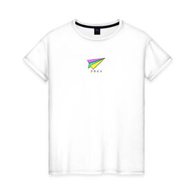 Женская футболка хлопок с принтом Бумажный самолетик в Петрозаводске, 100% хлопок | прямой крой, круглый вырез горловины, длина до линии бедер, слегка спущенное плечо | бумажный самолёт | иероглифы | надпись на японском | оригами | радуга | самолётик | цветной