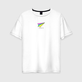 Женская футболка хлопок Oversize с принтом Бумажный самолетик в Петрозаводске, 100% хлопок | свободный крой, круглый ворот, спущенный рукав, длина до линии бедер
 | бумажный самолёт | иероглифы | надпись на японском | оригами | радуга | самолётик | цветной