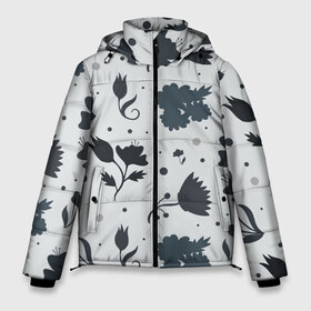Мужская зимняя куртка 3D с принтом Чёрно-белые цветы в Петрозаводске, верх — 100% полиэстер; подкладка — 100% полиэстер; утеплитель — 100% полиэстер | длина ниже бедра, свободный силуэт Оверсайз. Есть воротник-стойка, отстегивающийся капюшон и ветрозащитная планка. 

Боковые карманы с листочкой на кнопках и внутренний карман на молнии. | Тематика изображения на принте: арт | иллюстрация | лист | листья | природа | узор | узоры | цветок | цветы | ягода | ягоды