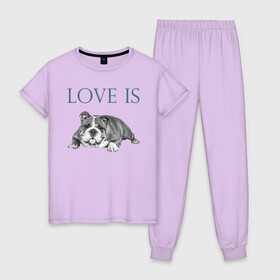 Женская пижама хлопок с принтом Любовь - это бульдог в Петрозаводске, 100% хлопок | брюки и футболка прямого кроя, без карманов, на брюках мягкая резинка на поясе и по низу штанин | английский бульдог | бульдог | дрессировка | забота | любовь | собака | собаки | собачка | собачник | увлечение | хобби