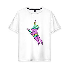 Женская футболка хлопок Oversize с принтом Костяной фак в Петрозаводске, 100% хлопок | свободный крой, круглый ворот, спущенный рукав, длина до линии бедер
 | жест | кости | радуга | скелет | цветной | череп