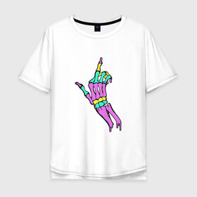 Мужская футболка хлопок Oversize с принтом Костяной фак в Петрозаводске, 100% хлопок | свободный крой, круглый ворот, “спинка” длиннее передней части | Тематика изображения на принте: жест | кости | радуга | скелет | цветной | череп