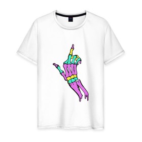 Мужская футболка хлопок с принтом Костяной фак в Петрозаводске, 100% хлопок | прямой крой, круглый вырез горловины, длина до линии бедер, слегка спущенное плечо. | жест | кости | радуга | скелет | цветной | череп