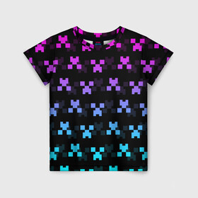 Детская футболка 3D с принтом MINECRAFT CREEPER NEON в Петрозаводске, 100% гипоаллергенный полиэфир | прямой крой, круглый вырез горловины, длина до линии бедер, чуть спущенное плечо, ткань немного тянется | block | creeper | cube | minecraft | neon | pixel | блок | геометрия | крафт | крипер | кубики | майнкрафт | неон | пиксели